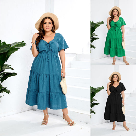 V-Neck High-Waist Dress Long Short-Sleeved Plus-Size Dress