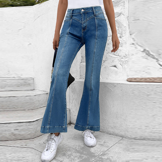 Autumn New Solid Color Bell-Bottom Pants Women Casual Style With High Waist Slim Jeans