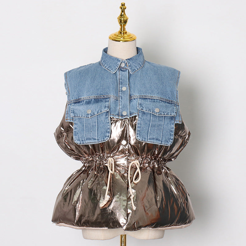 Denim Splicing Vest Spring New Fashion Temperament Casual Vest Short Cotton-Padded Vest Coat