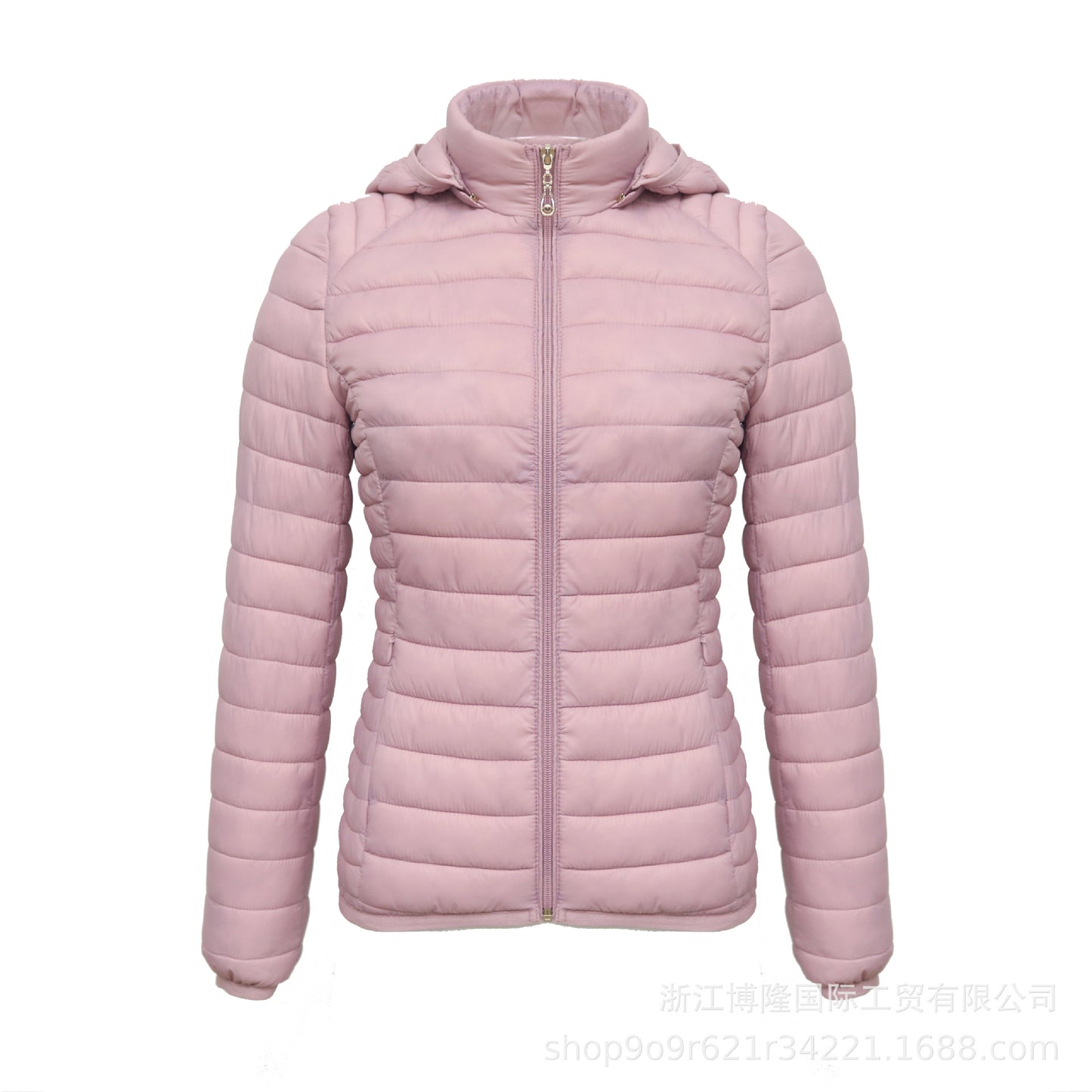 Women's Autumn And Winter Zipper Temperament Commuter Boutique Short With Hat Can Be Detachable Solid Color Stand Collar Light Cotton Jacket