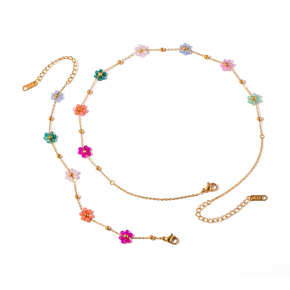 5pcs Bracelet Niche Design Women's 18K Stainless Steel Bracelet Handmade Colorful Small Flower Chain Bracelet