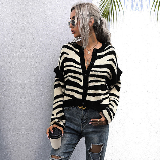 Lazy Autumn Zebra-Print Cardigan Knit Sweater Short Coat Women