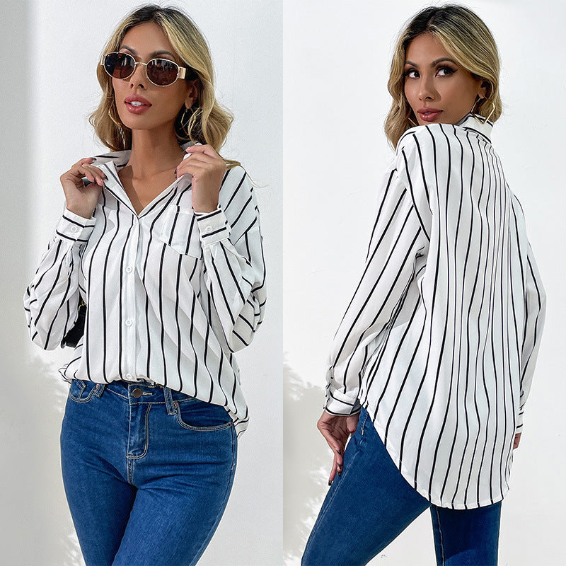 New Professional Women's Loose Lapel White Striped Shirt