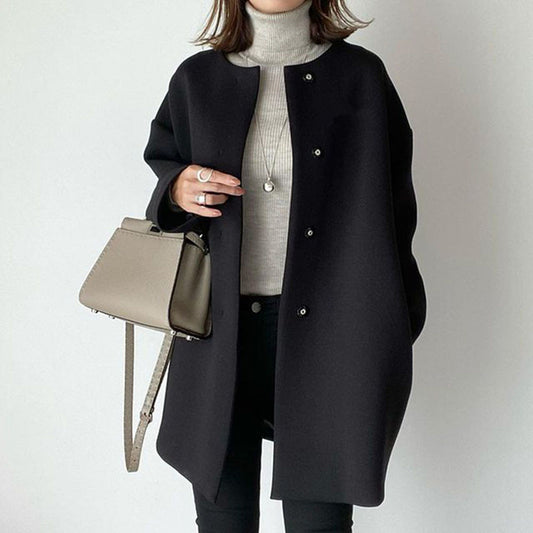 Elegant Straight Coat Female Autumn And Winter Temperament Commute Solid Color Simple Loose Coat Female Blouse