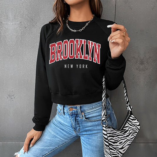 New Autumn Leisure Sports College Wind Top Short Crop Round Neck Letter Hoodie