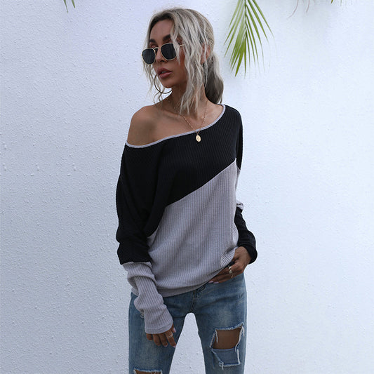 Fashion Women's Long-Sleeved Sweater Color Matching Loose Off-The-Shoulder Shoulder