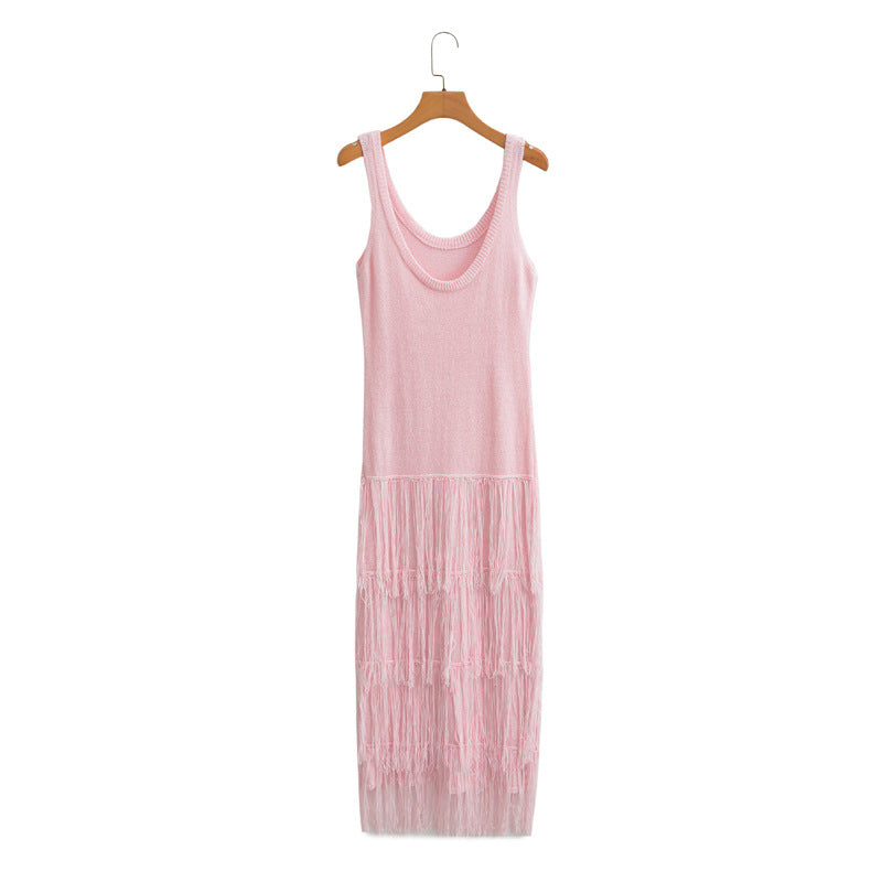 New Summer Solid Color Hem Fringe Knitted Halter Dress