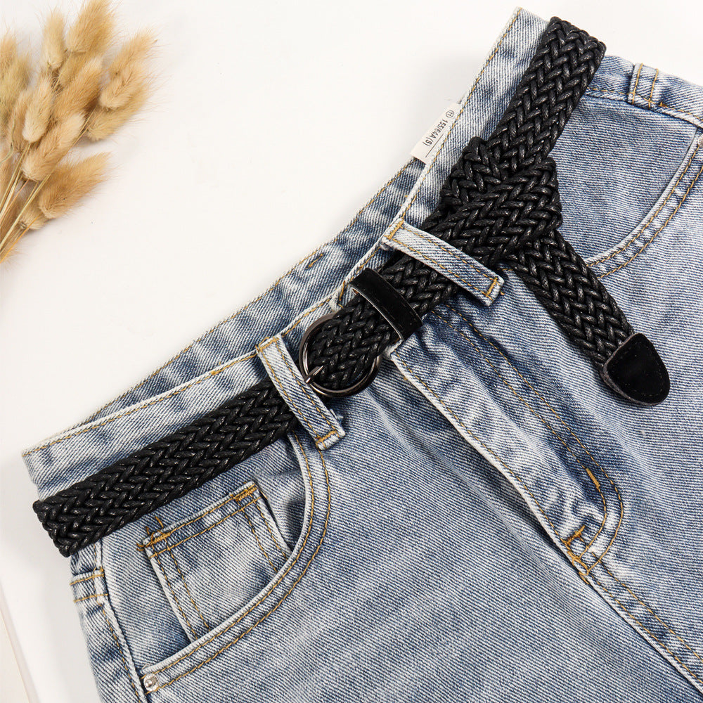 All-In-One Jeans Belt Women's No-Punch Canvas Belt Woven Elastic Elastic Student Embellished Waistband