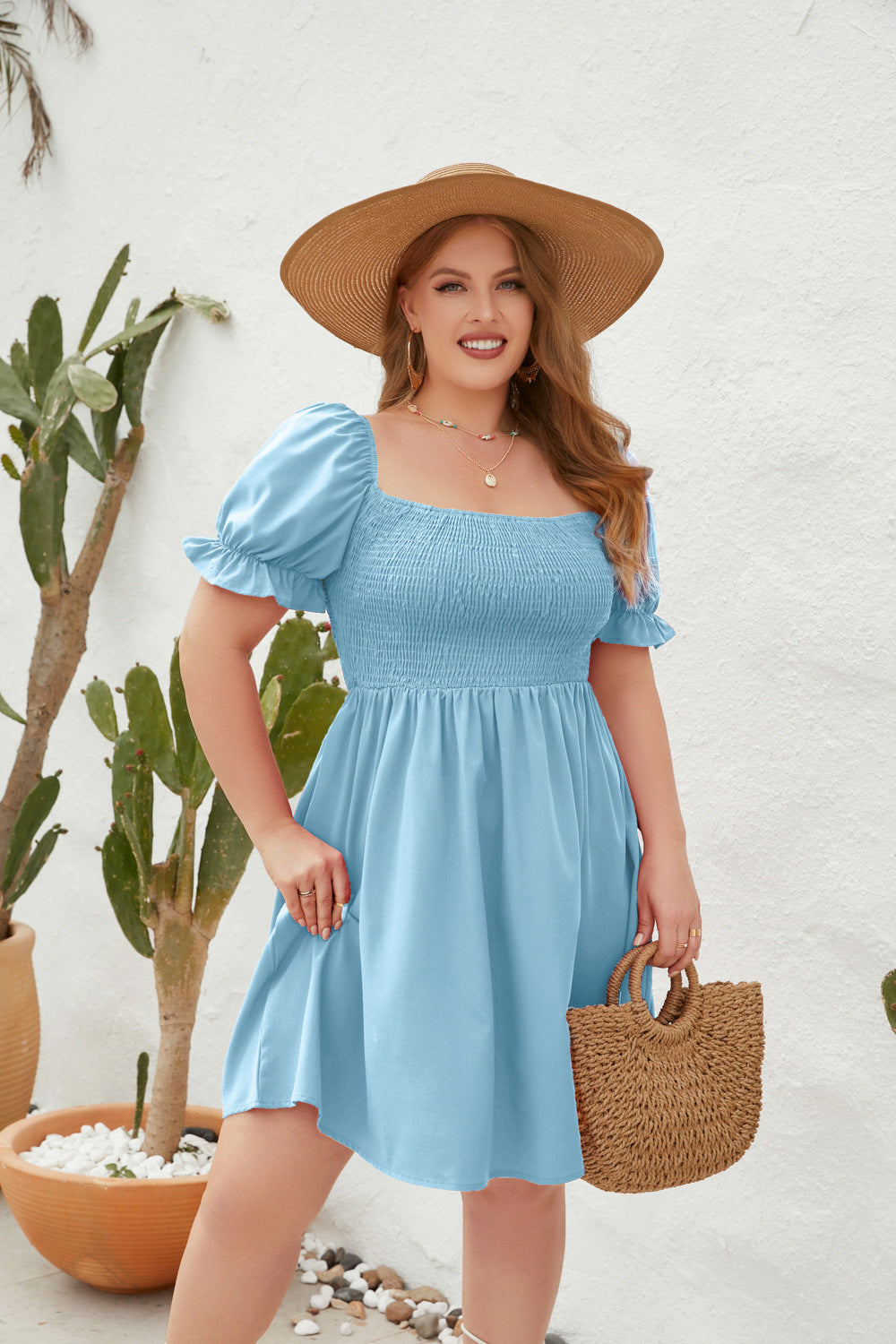 Women's Plus-Size Solid Color Leisure Vacation Dress Travel Square Collar Dress With Puffy Sleeves