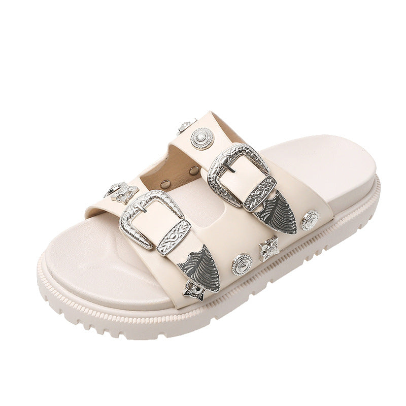 Summer Fashion Dark Wind Toga Metal Slippers Female New Rivet Thick Sole Casual Slippers Beach Slippers Sandals