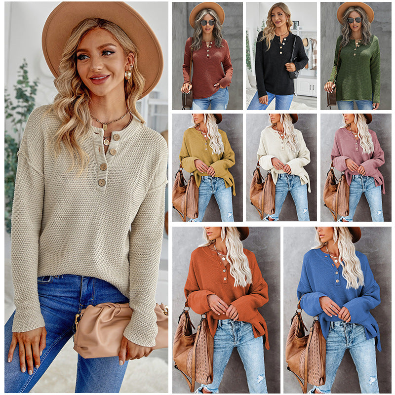 Autumn And Winter New Solid Color Long Sleeve Sweater Women Button-Down Bottom Shirt