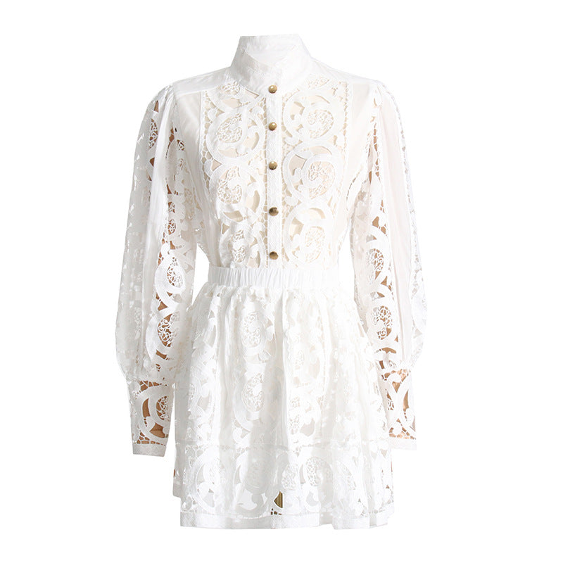 Retro Palace Style Two-Piece Set Of New Fashion Neckline Hollowed Out Shirt + High Waist Embroidery Skirt