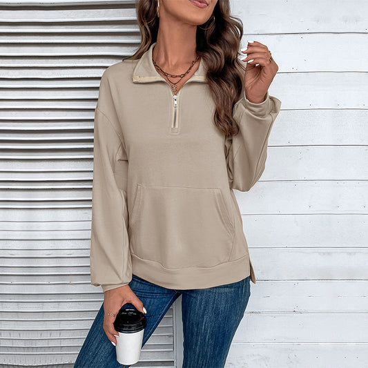 Autumn New Women's Lapel Long-Sleeved Top Zipper Loose Casual Hoodie T-Shirt