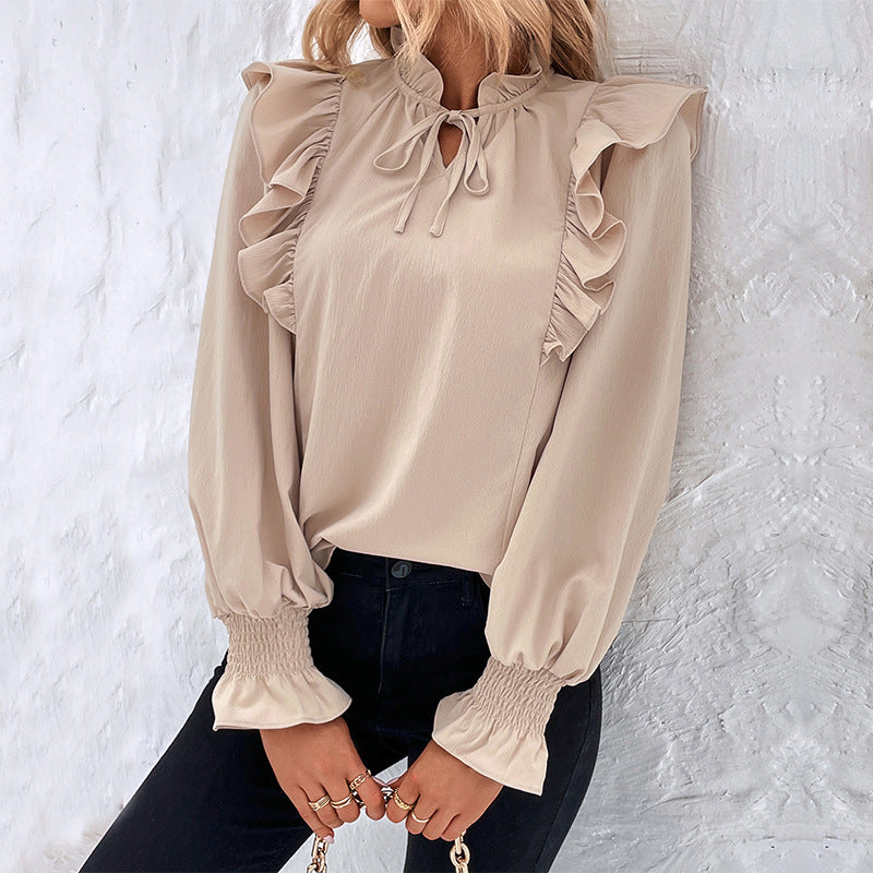 Women's New Spring New Ruffled Long Sleeve Solid Color Shirt Woman