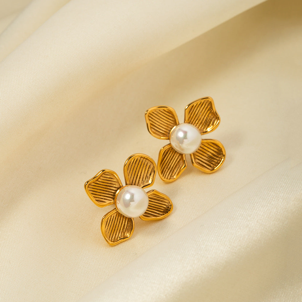 5pcs 18K Gold Stainless Steel Beaded Flower Set Earrings Style Geometric Earrings Do Not Fade Jewelry