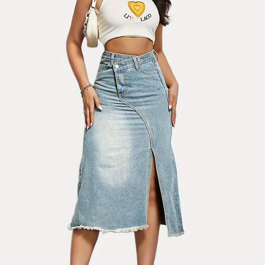 Summer New Deconstructed Split High-Waisted Denim Skirt Cotton High-Waisted Slimming Design Skirt Women