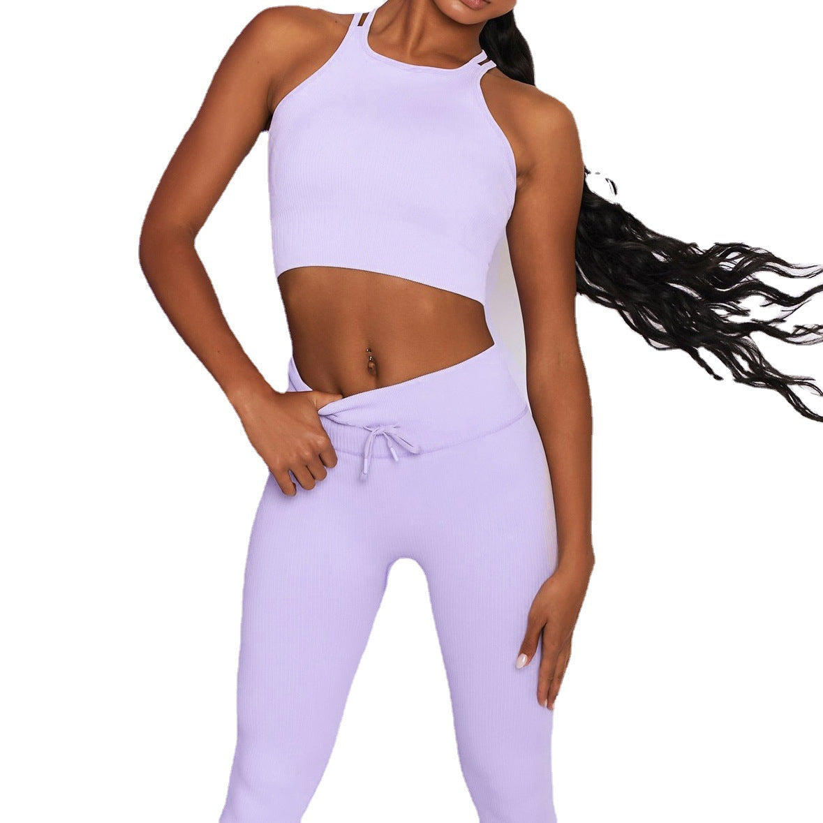 Solid Color Striped Yoga Suit High-Neck Bra With Straps Tight Pants Sports Fitness Pants For Women