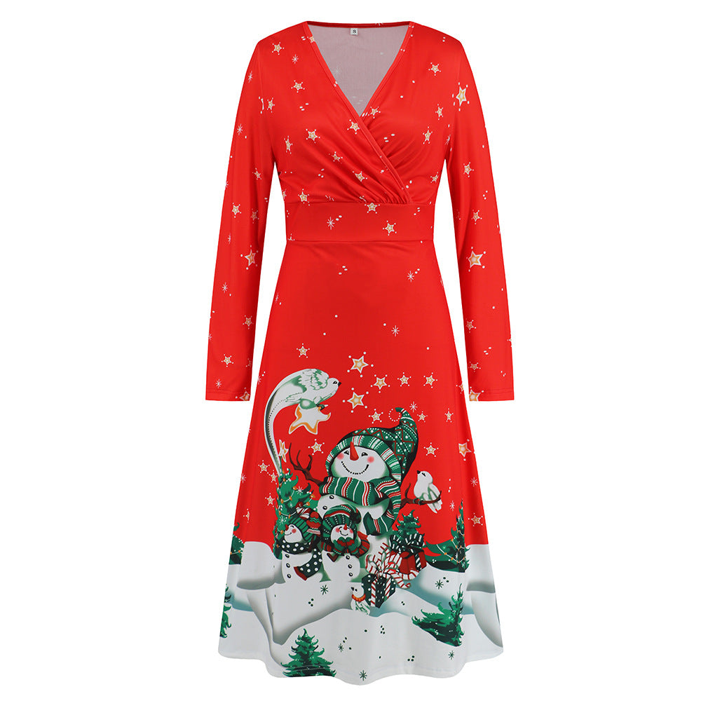 Women's V-Neck Long Sleeve Christmas Print Dress Sexy Christmas Dress Up New Year Party Play Maxi Dress