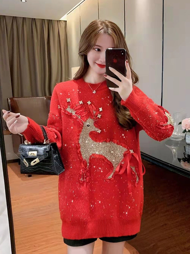 Winter New Christmas Moose Heavy Industry Sweater Women Fashion Loose Atmosphere Feeling Red Thick Sweater Women's Top