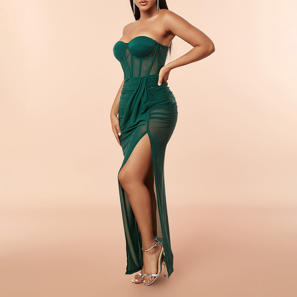 New Summer Sexy Hottie Style Dress Strapless Cutout Fishbone Split Halter Dress