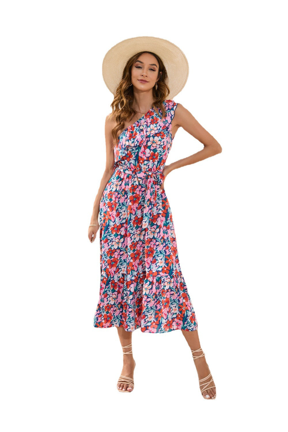 Floral Print Dress With Diagonal Shoulder Strap Casual Holiday Floaty Swing Dress