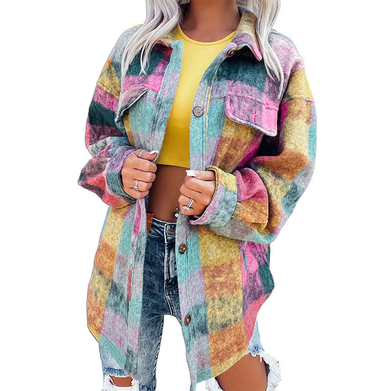 Autumn New Loose Multi-Color Long-Sleeved Coat Women Long Casual Fleece Plaid Jacket Women