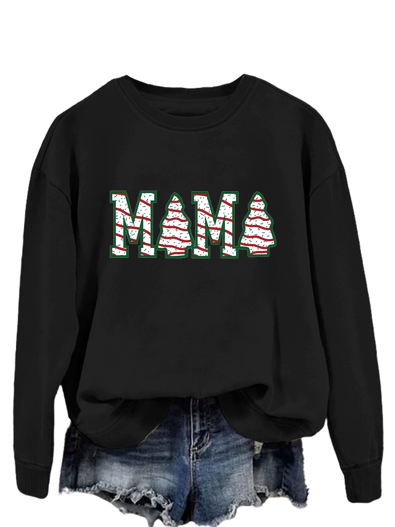 Fashion Crew-Neck Hoodie Mama Letter Christmas Tree Long Sleeve Blouse