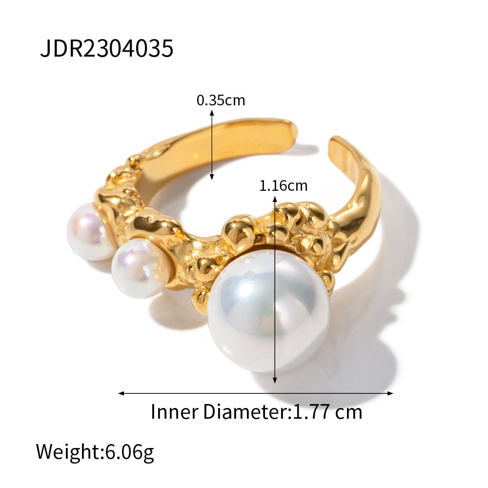 5pcs Stylish 18K Gold Stainless Steel Inlaid Pearl Open Ring Jewelry Does Not Fade Jewelry