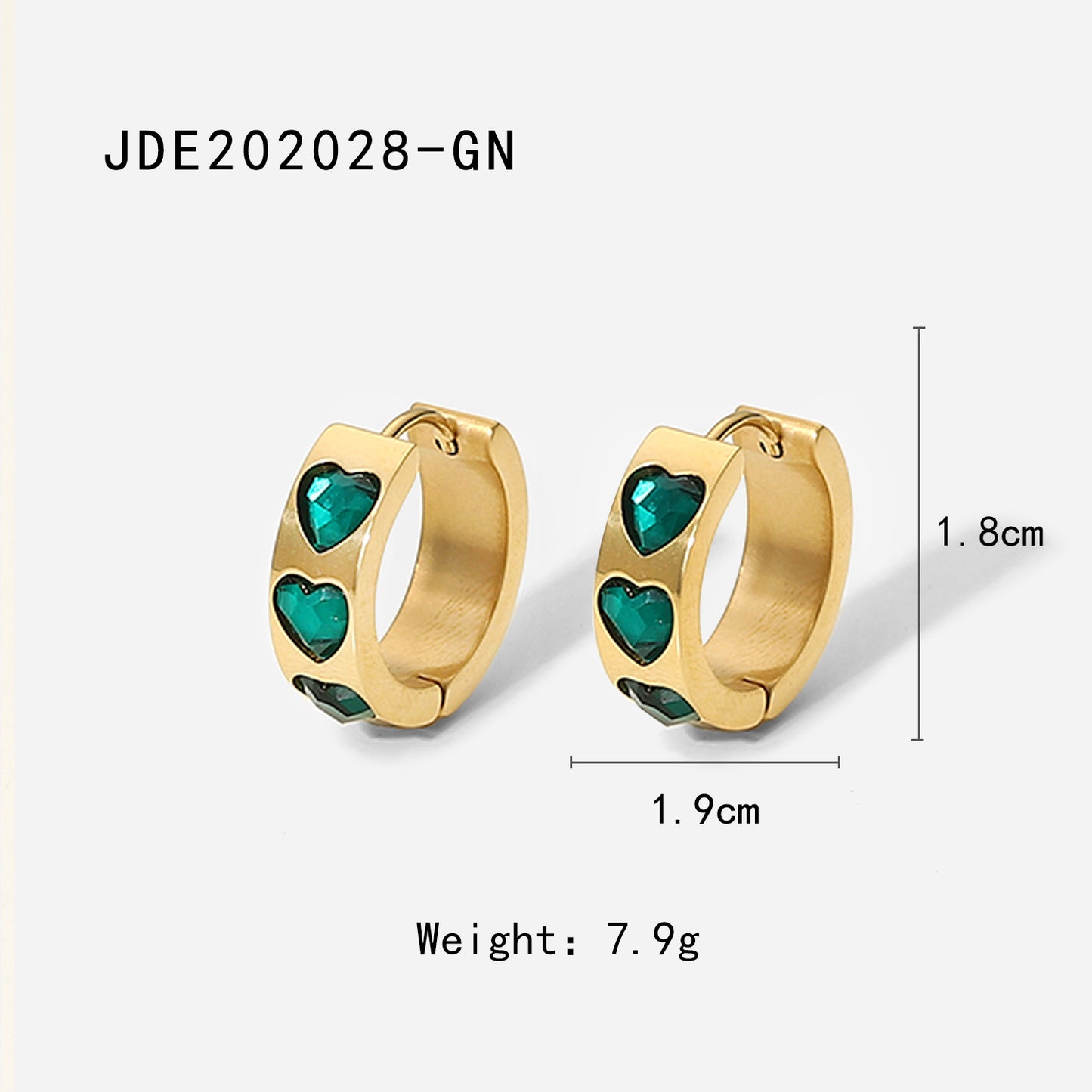 5pcs 14K Gold Green/White Heart Zircon Inlaid Stainless Steel Earrings Fashion Earrings Women