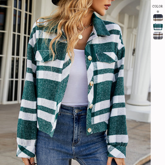 Autumn Winter Lapel Loose Type Women's Plaid Shirt Short Woolen Coat Women's Wear