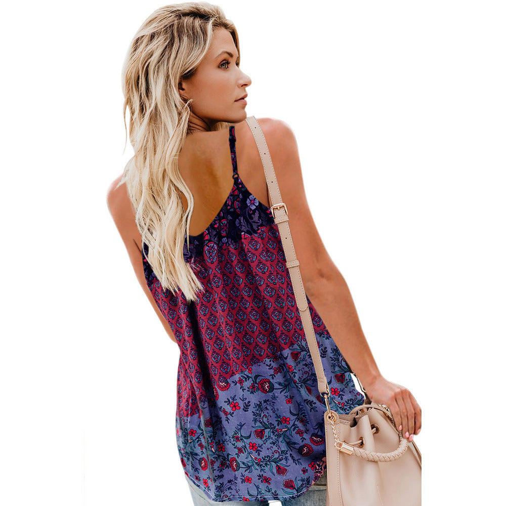 Shiying Printed Vest T-Shirt Women's Summer New V-Neck Sleeveless Halter Pullover Top