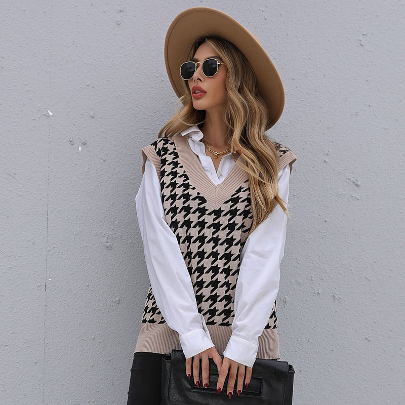 Early Autumn Fashion Women's Long Thousand Bird Check Sweater Vest Woman