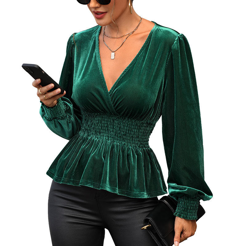 Autumn And Winter New Women's Long Sleeve Solid Color Velvet Blouse Woman