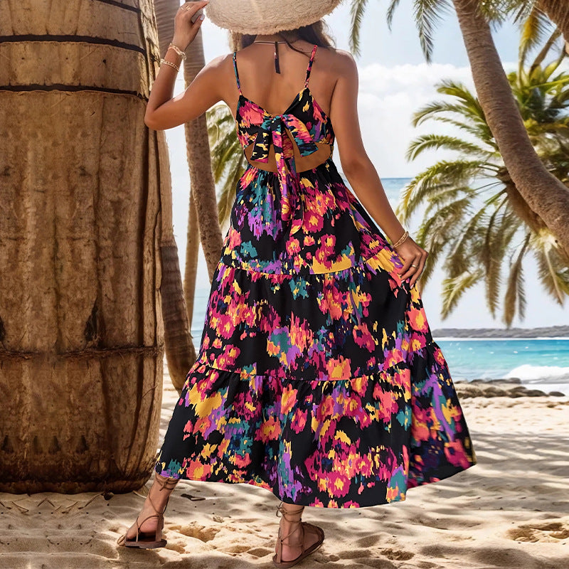 Summer Skirt Print A-Line Maxi Dress With Split Halter Halter Dress