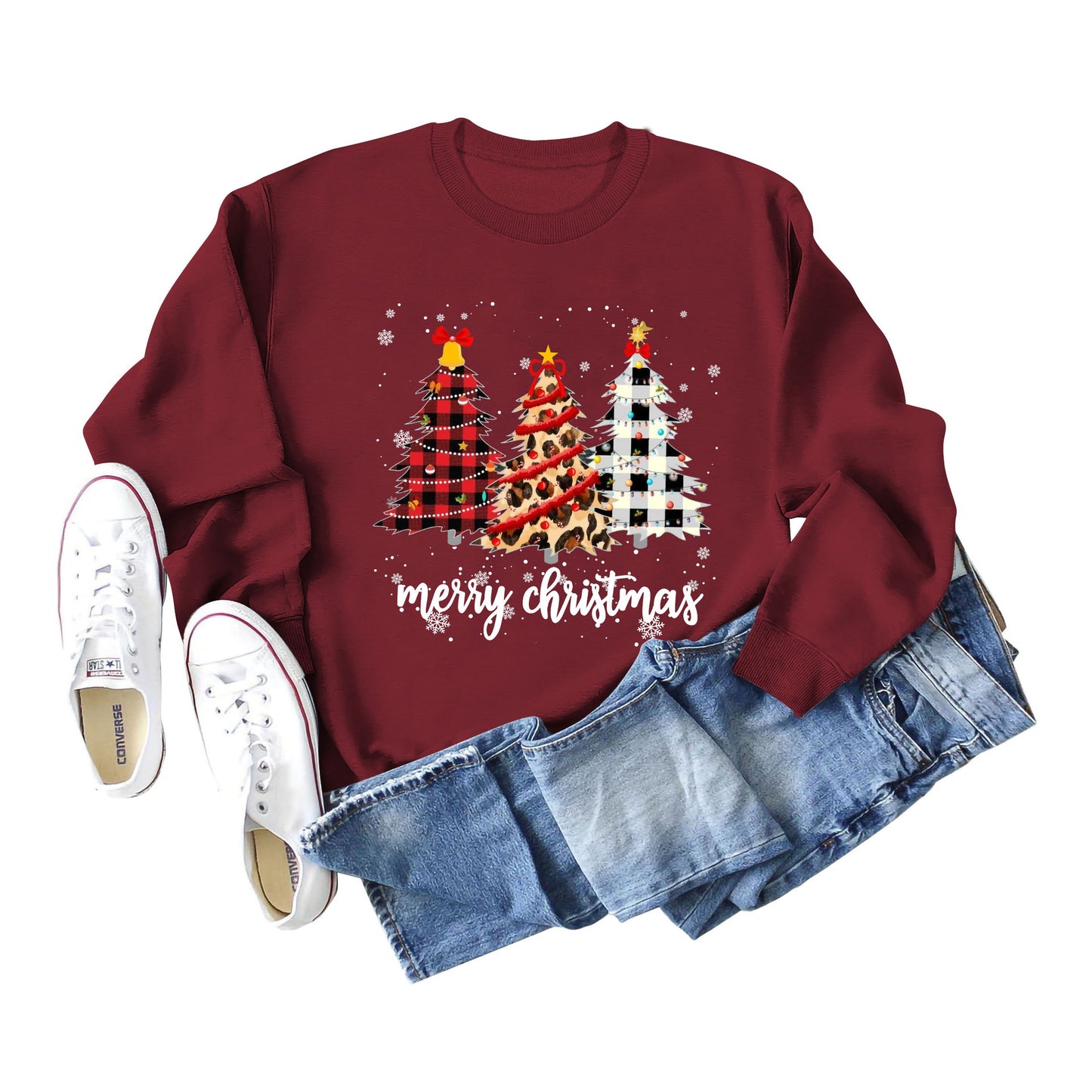 Merry Christmas Tree Round Neck Letter Christmas Long Sleeve Hoodie Woman