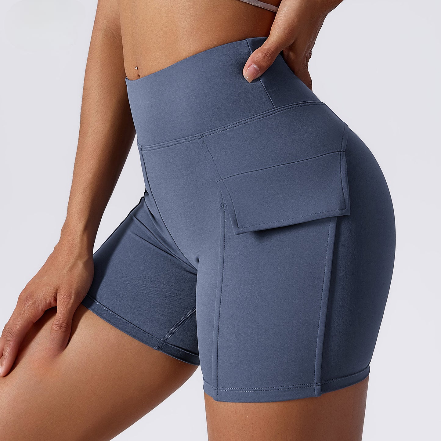 Lycra Nude Yoga Shorts Cargo Pocket Tight Shorts Women's High Waist Quick Dry Running Fitness Pants Women