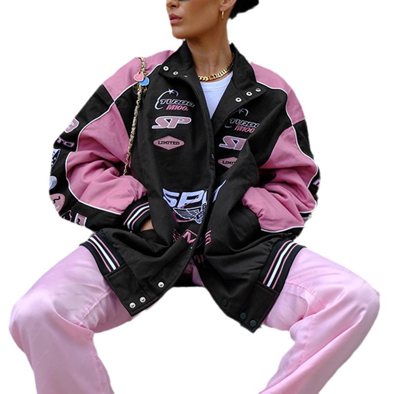 Autumn And Winter New Jacket Sports Printed Pink Casual Long-Sleeved Motorcycle Wind Jacket