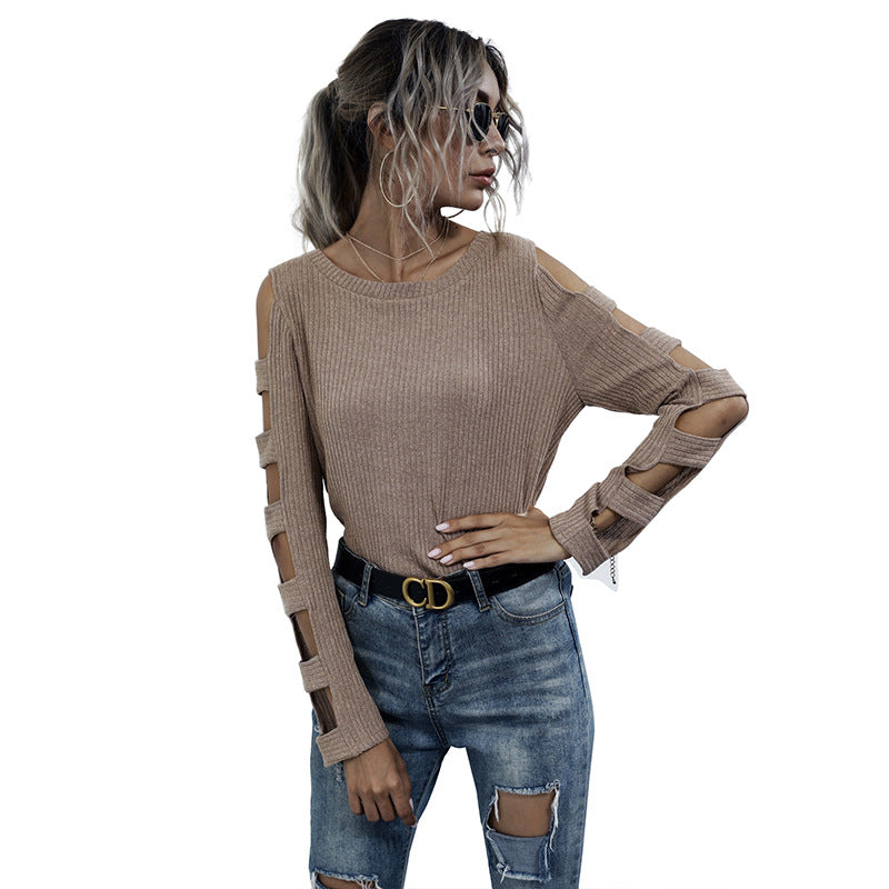 Autumn Off-Shoulder Slim-Fit Sweater Women Hollow Long-Sleeved Bottom Knit