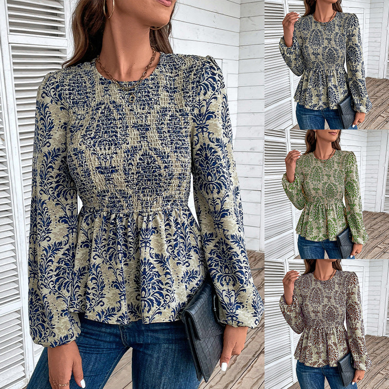 Women's Autumn New Slim Long Sleeve Printed New Chinese Style Blouse