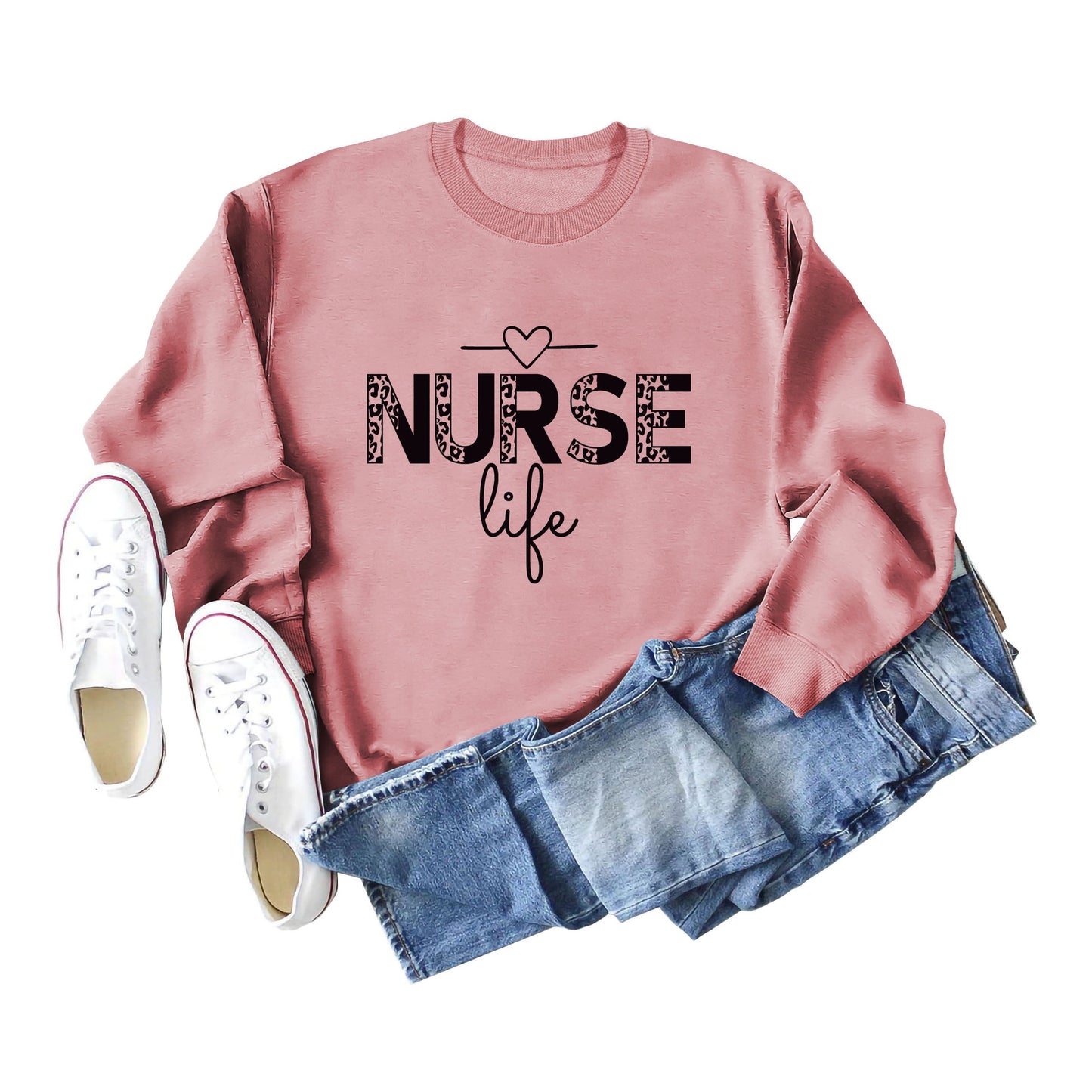 Pullover Crew Neck Top Long Sleeve Nurse Life Print Loose Hoodie