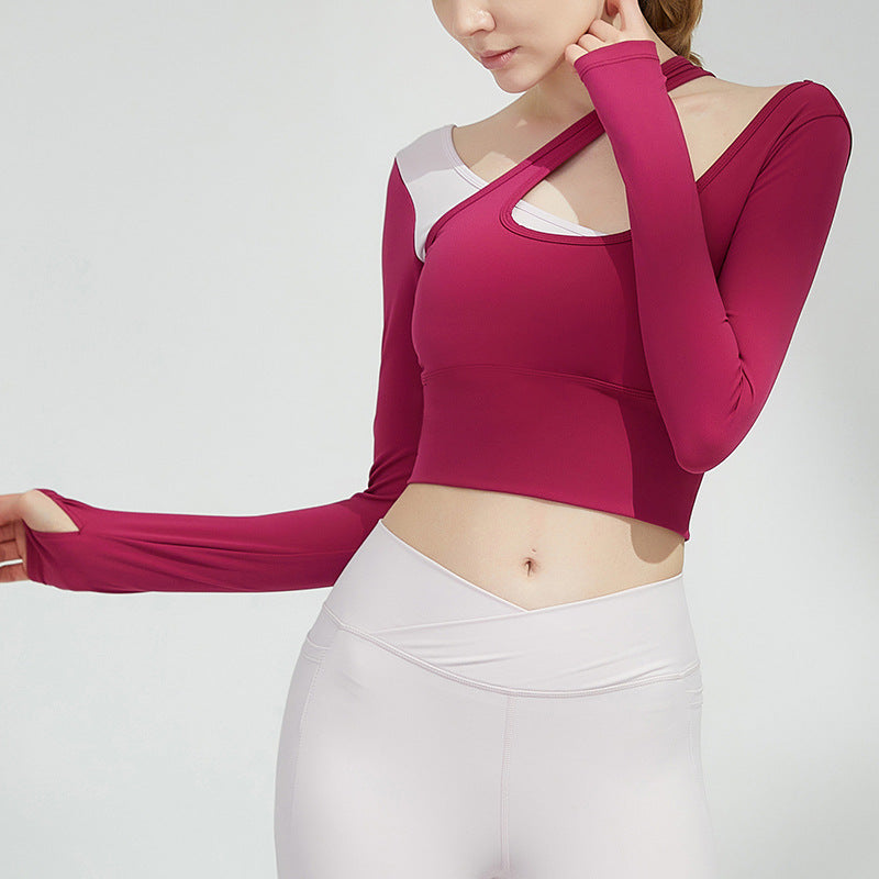 Autumn And Winter New Breast Pad Beauty Back Long Sleeve Yoga Dress Top Women Short Tight Fitness Sports T-Shirt Women