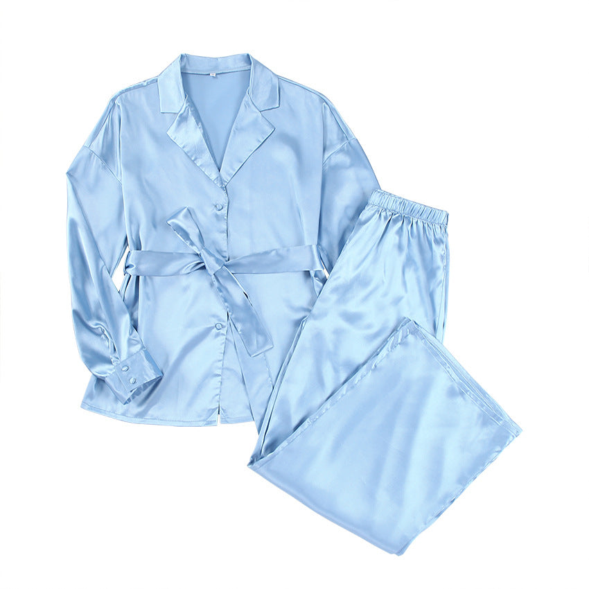 Spring And Summer Solid Color Women's Home Wear Satin Color Ding Shirt Trousers Casual Loose Pajamas Set