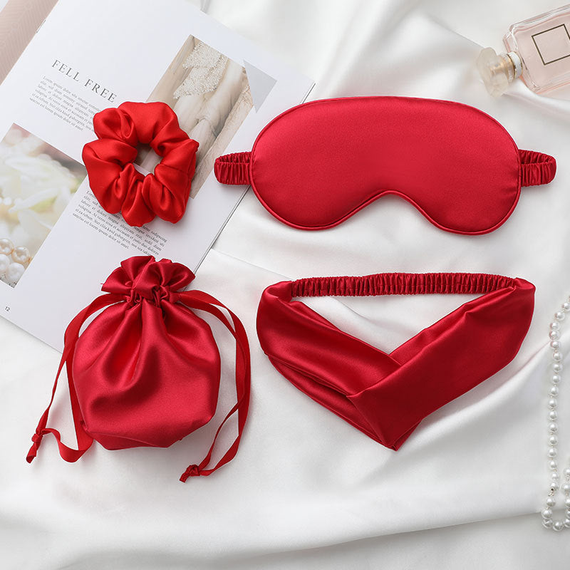 Silk Eye Mask 4-Piece Set With Large Bowel Scrunchie Headband Storage Bag Silk Eye Mask Sleeping Set