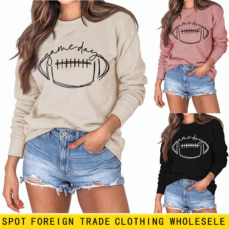 Game Day Rugby Letter-Printed Crew-Neck Fashion Long-Sleeved Hoodie With Base