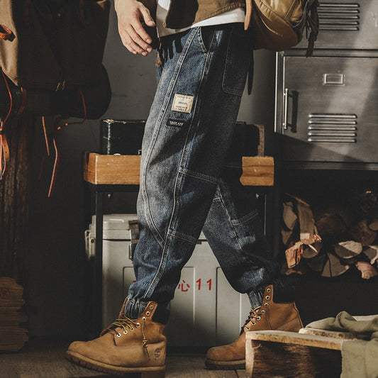 Heavy Vintage Cargo Pants Men Spring And Autumn Loose Large Size Jeans Men Autumn Bunched Feet Wide Leg Casual Pants