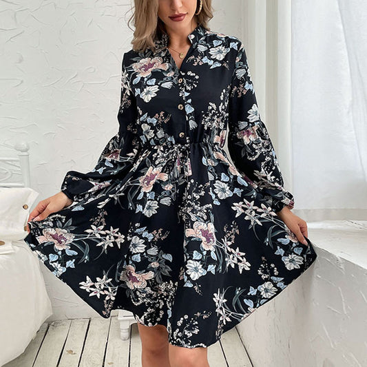 Black Retro Women's Long-Sleeved Printed Dress Autumn And Winter