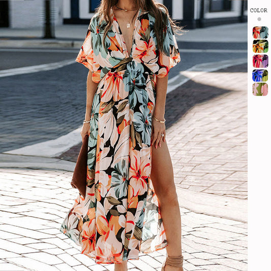 Summer Women's New Sexy High-Waisted Fashion Print Split Dress Women