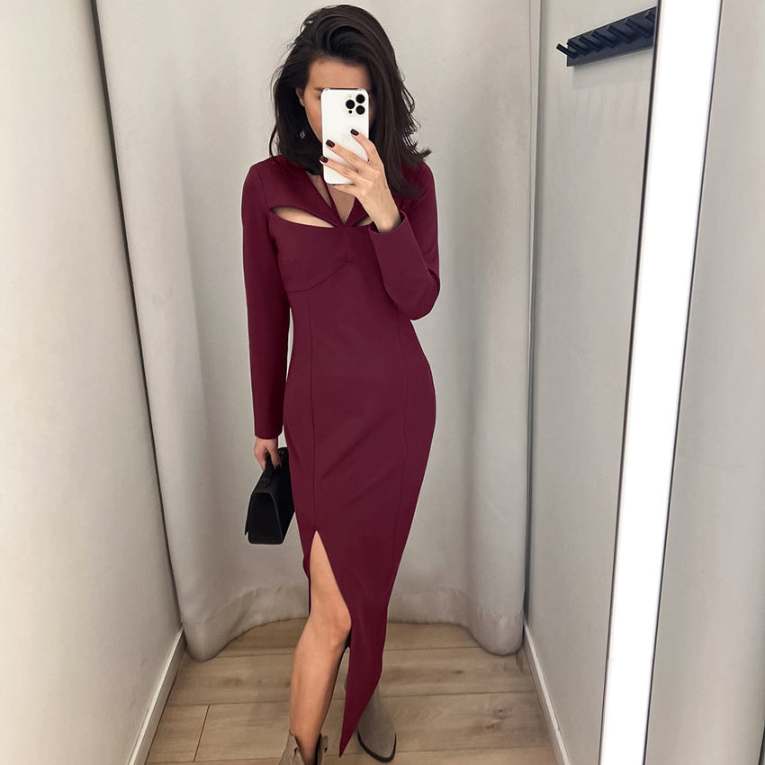 Green Sexy V-Neck Split Hollow High-Waisted Dress New Autumn Fashion Dress Women