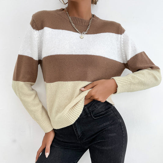 Women's Casual Color Match Long-Sleeved Crewneck Sweater