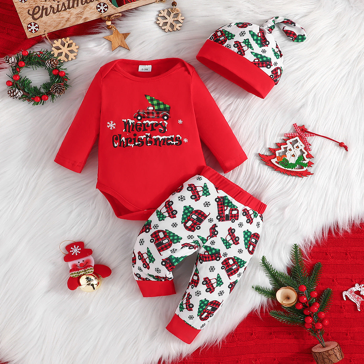 New Christmas Elk Print Top + Christmas Pattern Pants + Christmas Hat Three-Piece Set